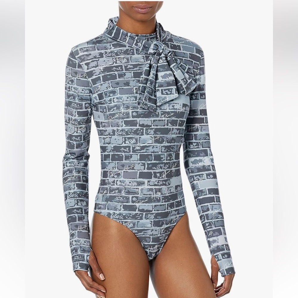 NWT Romeo Hunte X The Drop Gray Brick Pattern Long Sleeve Bodysuit Size Medium
